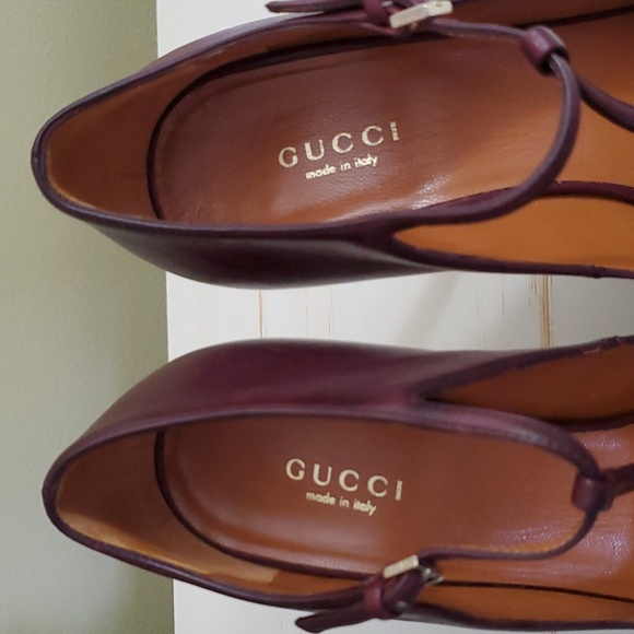 Gucci | Burgundy Leather Platform T-strap  Peep-Toe Pumps Sz 37 - Picture 5 of 9